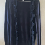 Loft Dark Blue Open Front Cardigan with Floral Like Accents Photo 0