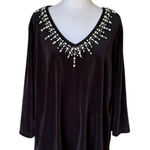 Quacker Factory  Velour V Neck Sweater Top Faux Pearl Accents Womens XL Black Photo 0