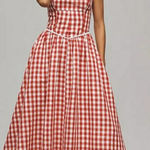 WAYF 💕 x Styled Coco!💕 Gracie Gingham Linen-Blend Midi Dress Red Gingham XL NWT Photo 0