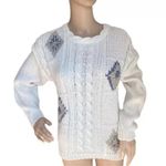 VINTAGE 80s SHENANIGANS Women’s White Sweater Hand Knitted Flower Design Small Photo 0