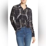 Free People  Wesley Plaid Black Taupe Linen Blend Button Down Shirt Sz M … Photo 1