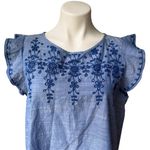 The Loft  Blue Ruffle Shoulder Embroidery Yoke Shell, Sz M Photo 8