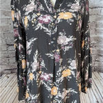 Free People  Womens Blouse Floral Gray Bell Sleeves‎ High Low V Neck S Photo 0