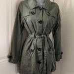2000s Army Green military inspired midi trench jacket coat with belt long sleeve button front Preloved condition as pictured Photo 1