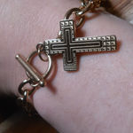 Cable Chain Cross Charm Ion Plated Yellow Gold Stainless Steel Bracelet (8 Inch) Photo 1