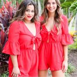 Listicle  Rowan Red Tie Romper Medium Bell Sleeve Photo 6