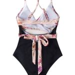Cupshe 💙SALE 3/$25 NEW ONE PIECE PINK FLORAL BLACK WRAP CUTOUT SWIMSUIT M Photo 4