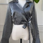 Vintage 80s 90s Le Château Metallic Silver Gunmetal Cropped Wrap Shirt M Size M Photo 0