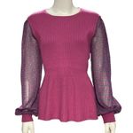 89th Madison NWT Medium Sheer Magenta Haze Knit Peplum Top Mesh Balloon Sleeves Purple Photo 1