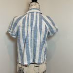 We The Free Striped Button Up Cropped Shirt Blue White Frayed Raw Hem Size Small Photo 2