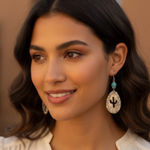 Silver Tone Earrings with Turquoise Bead Teardrop Oval‎ Shaped with Cactus Photo 0