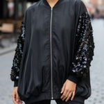 Marigold Shadows Black Oversized Sequin Sleeve Bomber Jacket Women’s OS One Size Size undefined Photo 1