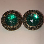 Vintage Brass Tone & Green Glitter Round Dome Clip On Earrings Photo 3