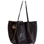 BCBG Paris Womens Black Tan Gold Reversible Leather Chain Tote Bag Photo 0