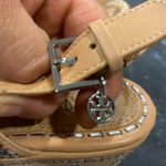 Tory Burch 80MM Natural Vachetta Leather Silver Woven Ankle Strap Wedge Heels 8 Photo 7