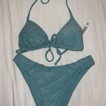 frankie's bikinis Berlook Cyan Lurex Backless Halter Bikini Top and Lurex High Cut Bikini Bottom Photo 4