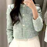 ZARA New Luxury Preppy Green Long Sleeves Round Neck Textured Crop Blazer Sz XL Photo 4