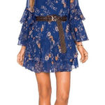 Free People  Navy Blue Floral Sheer Sunsetter Bell Sleeve Mini Dress Small Photo 0