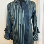 Badgley Mischka Green and Navy Striped Blouse with backside flower print Size M Photo 0