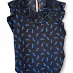 Ranna Gill Blue Bird Print Cap Sleeve Blouse Womens S Crochet Top Shirt Anthro Photo 0