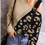Long Sleeve Cold Shoulder Turtleneck Knit Pullover Sweater Leopard Khaki Black Multiple Size XXL Photo 1