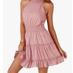 NEW Halter Sleeveless Smocked High Waist Ruffle Layered Mini Dress L Pink Size L Photo 2
