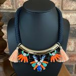 Jeweled Statement Necklace Navy Blue Cord Rhinestone Teal Orange Blue Photo 0