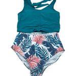 Womens Bikini Set High Rise Long Line Halter Removable Cups Palm Teal Green S Photo 0