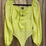 EXPRESS  Neon Yellow Satin Jacquard Balloon Sleeve Bodysuit, S NWT Photo 0