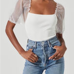 ✨White ASTR the Label Darling Bodysuit Square Neck Sheer Puff Sleeve Top White L Size L Photo 0