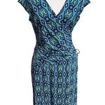 Evan Picone Pattern Faux Wrap Midi Dress Blue Teal Black Size 10 Photo 0