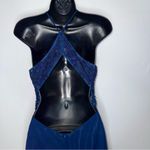 Blondie Nites Dark Blue Open Back‎ Beaded Floor Length Gown Formal Dress Prom Vintage Elegant Photo 6