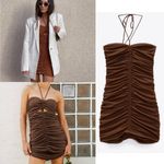 ZARA  NWT brown ruched gathered mesh mini dress halter neck tie & cutout detail Photo 1