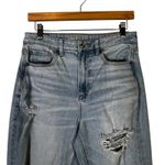 American Eagle  Mom Straight Jeans Size 8 Light Wash High Rise Distressed Stretch Photo 1