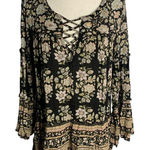 American Eagle Boho Tunic Top S Black Floral Bell Sleeves Criss Cross V Neck Photo 0