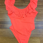 New Look  Ruffle One Piece Swimsuit Womens Size‎ 8 Pink Coral High Cut Open Back Photo 0
