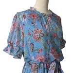 Loft Short Ruffle Sleeve Tie Waist Dress Blue Pink Floral Women’s Size Large Photo 5