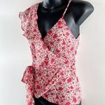 MISA Los Angeles MISA Floral Print Plunging Neck Asymmetrical Ruffle Wrap Tie Tank Blouse Red XS Photo 7