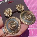 Anne Klein gold tone lion head Metal Round Medallion Coin Dangle drop earrings Photo 1