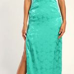 Lulus Lulu’s Chasing Desire Teal Green Satin Jacquard One-Shoulder Maxi Dress Photo 1