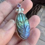 Natural Carving Labradorite & Amethyst 925 Silver Pendant Blue Photo 4