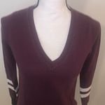DE Collection V-Neck Burgundy Sweater with Striped Sleeves Photo 2