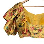 None Women’s Yellow Floral Silk Ruffle Short Sleeve Cropped Blouse Size Medium Photo 9