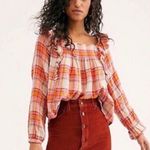 We The Free Free People Plaid Ruffle Top Long Sleeve Size L NWT $118.00 Photo 1