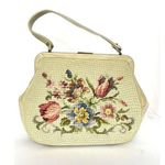 Vintage 50's Needlepoint Floral Purse Handbag Pockets Coin Purse Beige Photo 0