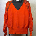 None Vibrant Orange V-Neck Sweater with Lace Detail Photo 0