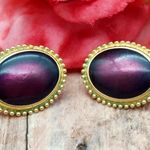 Trifari TM Gold Tone Oval Clip On Earrings Textured Trim Purple Plum Center 1" Photo 0