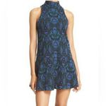 Free People Amelia Blue Damask Pattern 60s Style Drop Waist Mini Dress Size L Photo 0