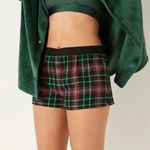 PINK - Victoria's Secret 💚✨VS PINK Flannel Boxy Pajama Shorts / Black & Green Plaid Gold Foil Script, L Photo 4