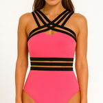 Jordan Emme  One Piece Swimsuit Criss Cross Neon Pink Black Mesh‎ Size S Photo 0